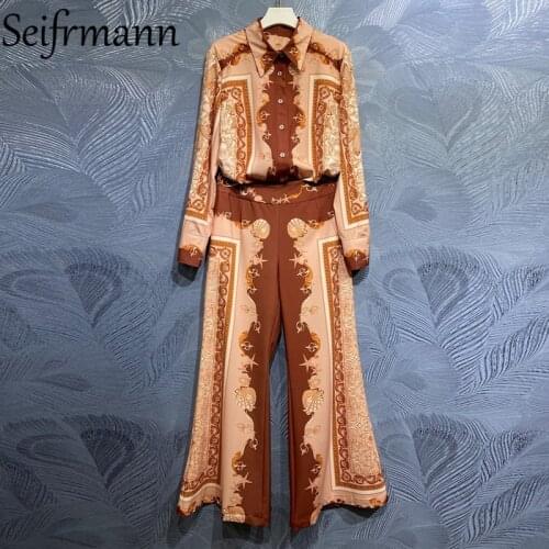 Seifrmann New 2021 Summer Women Fashion Runway Pants Set Lantern Sleeve Loose Blouses + High Waist Wide Leg Long Pants Suits
