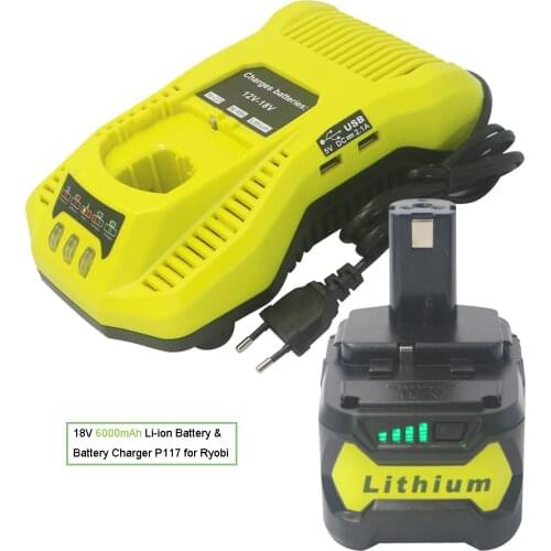 18V 6.0Ah/2.0 Li-Ion Rechargeable Battery for Ryobi P108 + New P117 3A Charger with USB output for Ryobi 9.6V-18V Ni-Cad Ni-Mh