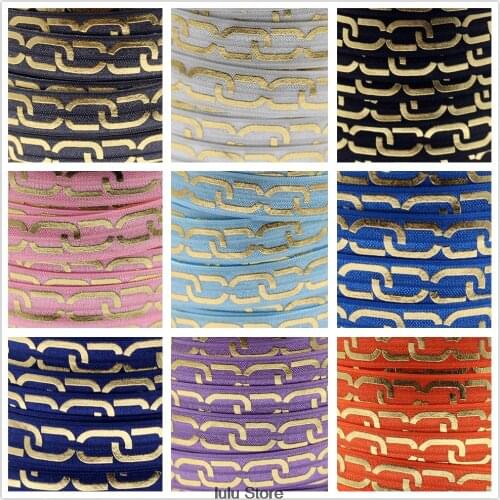 50 Yards/Lot Chain Gold Foil Printed Elastic Ribbon DIY Handmade Hair Band, Hair Tie