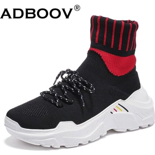 ADBOOV New High Top Sneakers Women ( With Fur / No Fur ) Plus Size 35-42 Ankle Sock Boots Knit Upper Flat Platform Shoes Woman