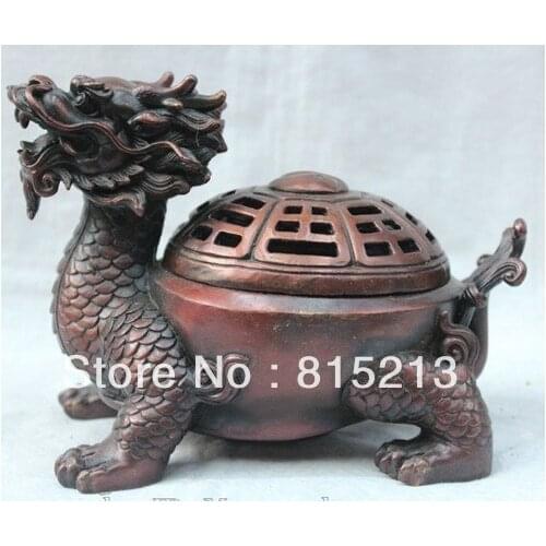 Bi00496 8" Chinese Asian Bronze Fu Dragon Tortoise Turtle Statue Incense Burner Censer