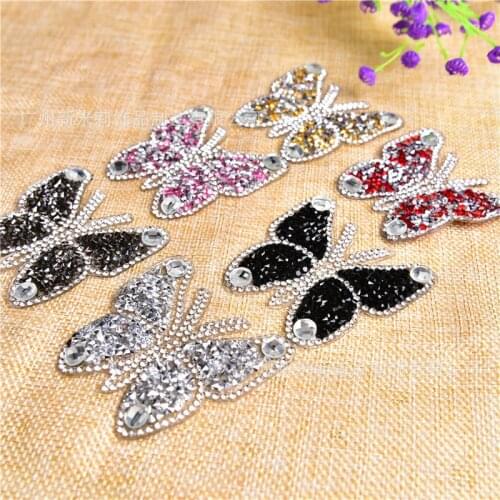 Sparkling Butterfly Embroidery Sew Patches for Clothing By Diamond Rhinestones Black Iron on Stick Applique Jersey