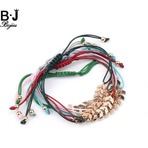 BOJIU Adjustable Handmade Rope Bracelets For Women Handmade Thread Gold-color Copper Slice Charm Bracelet Femme BC254