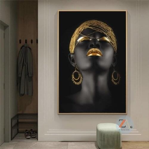 Black African Woman Oil Paintings on Canvas Golden Makeup Portrait Posters and Prints Scandinavian Wall Pictures Home Decoration