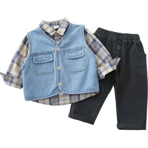 Baby Clothes 2021 new Childrens Clothing Autumn New Boy Three-Piece Suit Denim vest + plaid shirt + pants