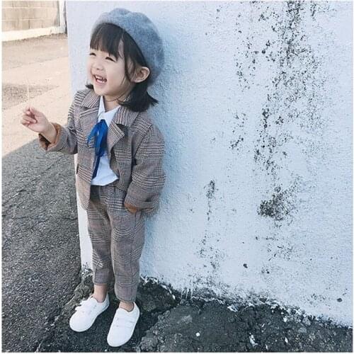 2019 Girl Baby Plaid Suit for Spring Autumn Girls Kids British Style Jacket+pant 2pcs Fashion Clothes Sets Child Wear