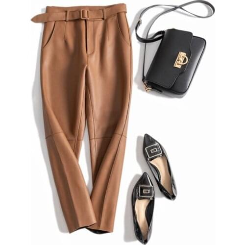 European Fashion Pencil Pants Women Real Leather Sheepskin Mid- Waist Wrap Hip A-line Cropped Trousers Caramel Pantalones Mujer