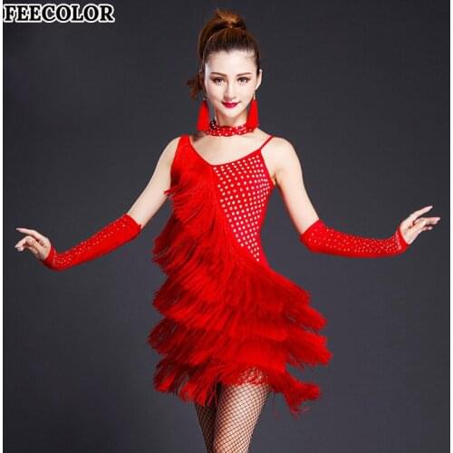 FEECOLOR 3PCS/Set Womens Fringe Latin Costume Salsa Ballroom Dance Competition Skirt Clothing Wear Dress+Gloves+Necklace