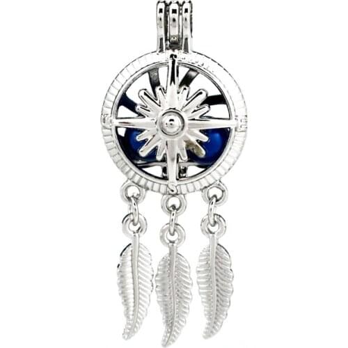 K789 5pcs/lot Silver Alloy Dream Catcher Compass Leaf Pearl Cage Pendant Fairytale Party Essential Oil Diffuser Locket