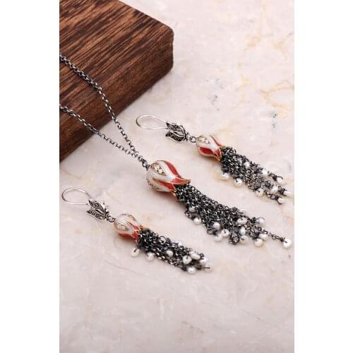 Cabochons the Laleli Design Long Necklace Double Set 2034Hand Made Silver Jewellery Set