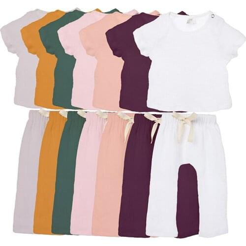 Kaiya Angel Fashion Girl Clothing Sets Toddler Summer 100% Cotton Solid Outfits O-neck Short Sleeve Top with Waist Rope Trousers