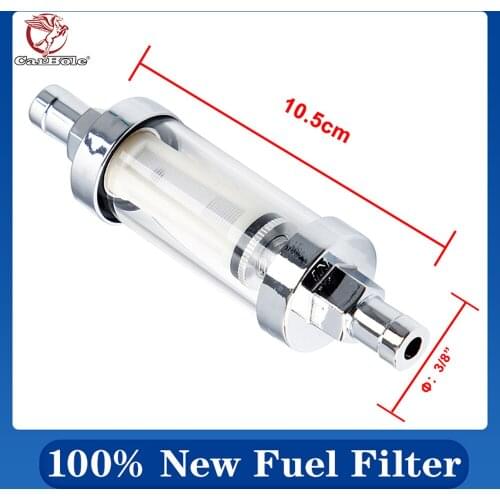 CARBOLE 100% New Universal 3/8 Inch Clear Glass Inline Fuel Filter In & Out Chrome Plated Hose
