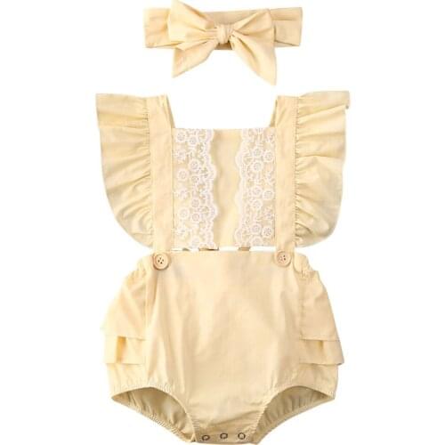 Newborn Baby Girl Clothes Solid Color Lace Ruffle Sleeveless Rompers For Newborn Jumpsuit Headband 2pcs Outfits Baby Girls Set