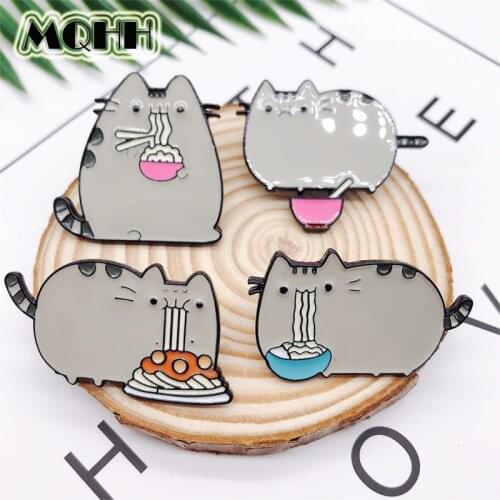 Creative Cartoon Animal Cat Eating Noodle Enamel Brooch Alloy Badge Shirt Bag Pins Accessories Women Jewelry Gifts For Friends