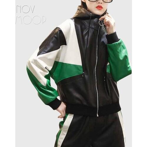 Novmoop color block sheepskin genuine leather hooded women jacket batwing sleeve sports style Veste de cuir LT3381