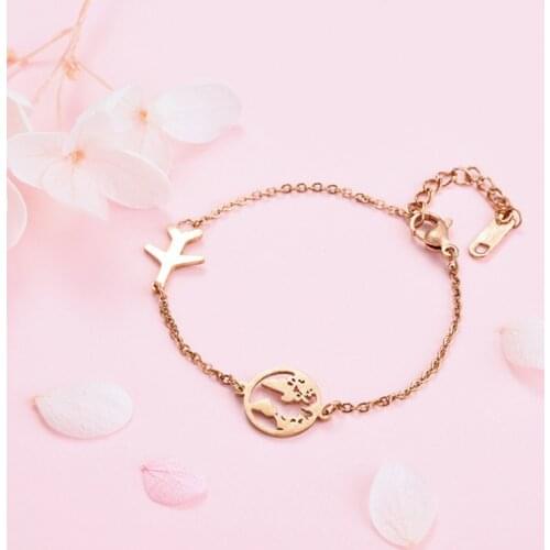 316L Stainless Steel Fashion Fine Jewelry Aircraft World Map Global Travel Dream Charms Chain Bracelet For Women Friends Gift