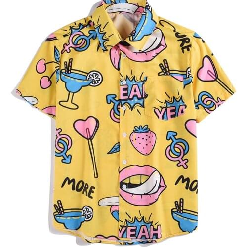 Mens Hawaiian Shirt Colorful Lip Strawberry Cocktail Print Tide Brand Loose Light Short Sleeve Shirts