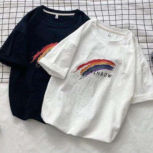 Men Rainbow Printed T-shirts 2021 Woman Korean Loose Casual Short Sleeve T-shirt Cotton Man Oversize T-Shirt Cotton Linen Tops28