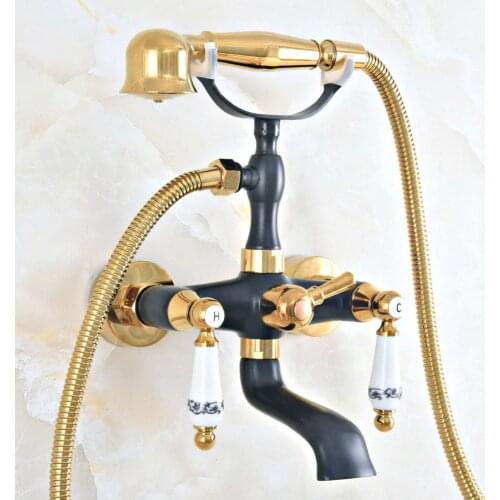 Wall Mount Black & Gold Color Brass Clawfoot Bathroom Bathtub Faucet Handheld Shower Mixer Tap Lna415