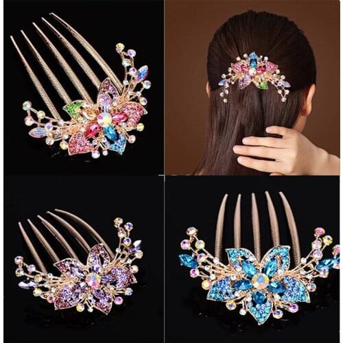 New Fashion Girl Hairpin Accessories Five-tooth Comb All-match Plate Hairpin Alloy Stone Hair Comb Rhinestone Net Color Hairpin