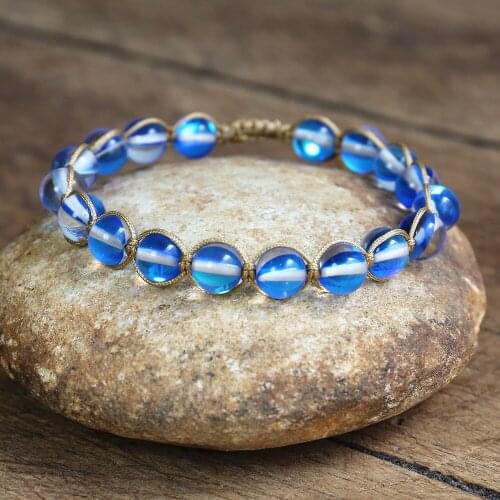 8mm Labradorite Beads String Braided Bracelet Friendship Charm Bracelet Yoga Bohemian Wrap Bracelet Blue