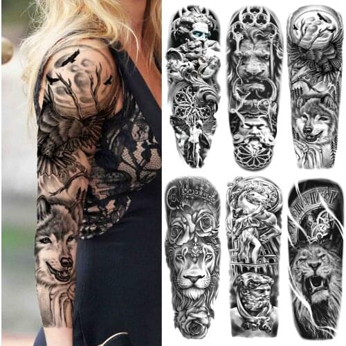 Realistic Wolf Forest Temporary Tattoos For Women Men Lion Fake Flower Tattoo Sticker Black Full Sleeve Sexy Big Size Tatoos Arm