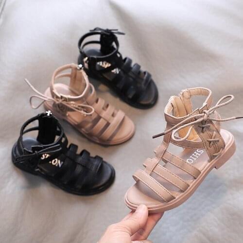Girls Sandals Lace Up Narrow Band Roma Shoes Summer Boots Side Zip Kids Gladiator Sandals Black Hollow outs sandalias botas