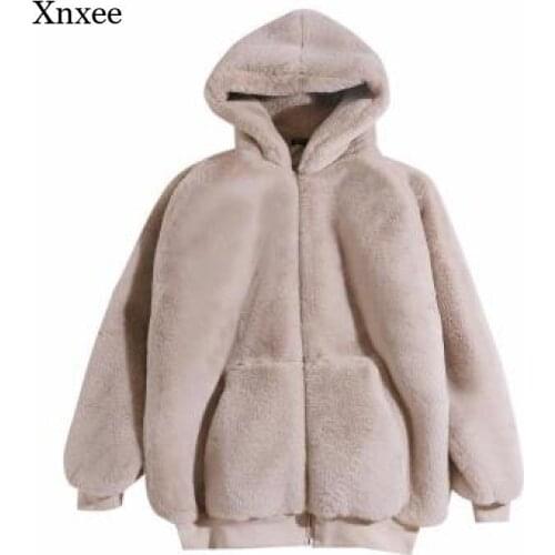 Faux Rabbit Fur Coat New Women Long Sleeve Hooded Fur Jacket Winter Thick Warm Coats Fashion Outwear Loose Overcoat Clothing
