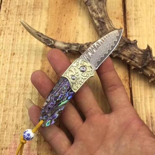 Pure face copper + natural handle EDC Folding Knife Damascus steel Blade G10 Handle outdoor Camping survival