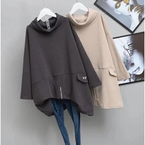 Large Plus Size Add Fleece Loose Girls Casual Women Clothes Turtleneck Tops Long Sleeve Warm Hoodies For Teen Lady Long Hoody