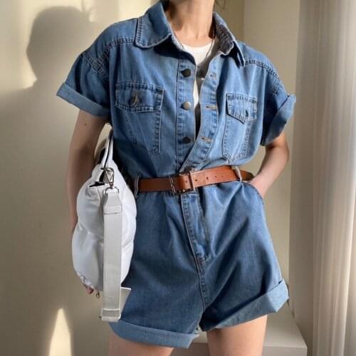 Spring and Summer Korea Chic Age Reduction and Old Washed Single-Breasted Loose One-Piece Jeans Shorts Female + with Belt