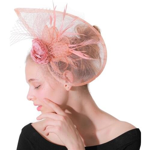 Women Champagne Sinamay Elegant Fascinators Hats Bridal Feather Hair Clips Headwear Net Navy Ladies Days Tea party Chapeau Caps