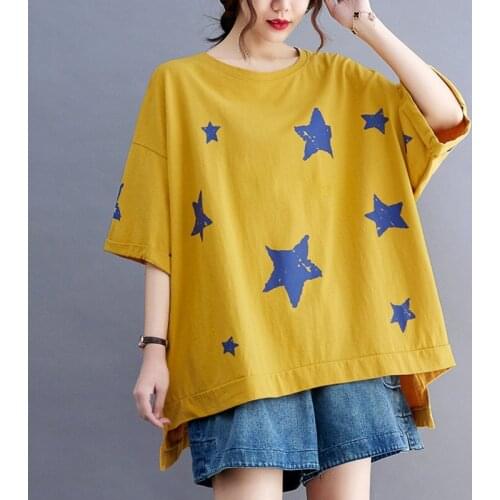 Oversized Women Cotton Casual T-shirts New Arrival 2021 Summer Simple Style Star Print Loose Comfortable Female Tops Tees S4003