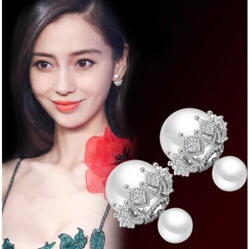 ModaOne Vintage Fashion 925 Sterling Silver Lace Zircon Double Pearl Stud Earrings Two Wear Ways Women boucle d'oreille