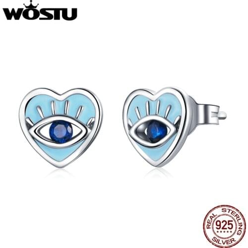 WOSTU Genuine 925 Sterling Silver Lucky Eye Earrings Simple Blue Zircon Heart Shaped Stud Earrings for Women Fine Jewelry Gift