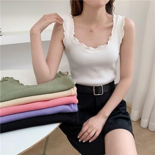 2021 Fashion solid color thin ruffled knitted vest top summer womens sweet wild camisole