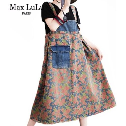 Max LuLu Summer European Fashion 2021 Ladies Floral Denim Dresses Womens Vintage Printed Overalls Girls Casual Dress Big Size