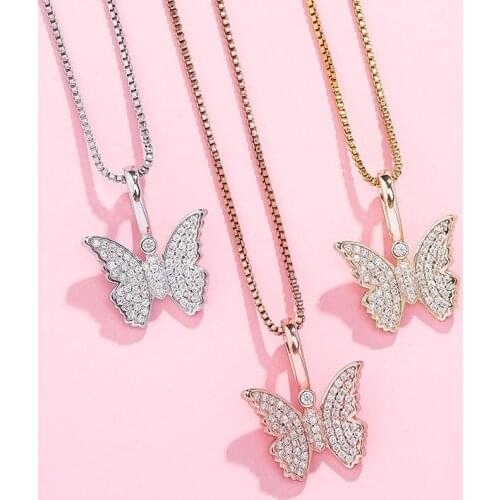 S925 Sterling Silver Bling Ice Out Butterfly Pendants Necklaces for Women Hip Hop Fashion Charm Jewelry Drop Shipping