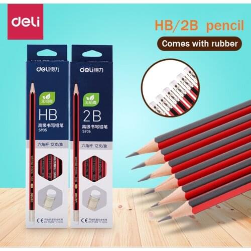 12pcs/Box Deli Eco-friendly Natural Wood Pencil 2B/HB Hexagonal Non-toxic Standard Pencil Cute Stationery Office School Supplies