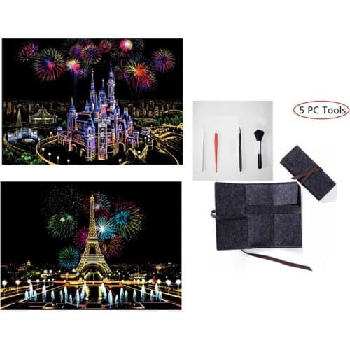 2 Sets 41*28cm Magic Scratch Art Paintings + 2 DIY Black Scratch Paper + 5PC Scratch Painting Tools