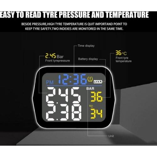CAREUD Wireless Motorcycle TPMS Tire Pressure Monitoring System Digital LCD With Two External/Internal Sensors Easy To Install