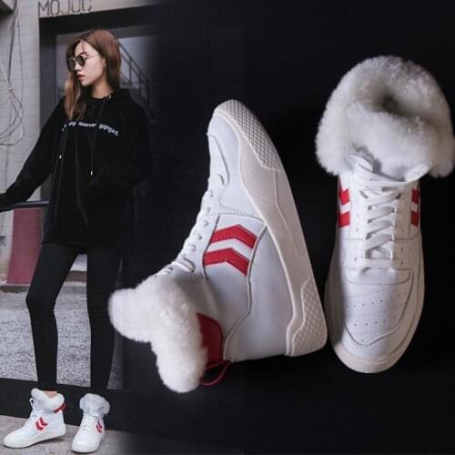 OKKDEY brand plus velvet womens boots thick-soled cowhide casual short boots sheep fur integrated snow boots