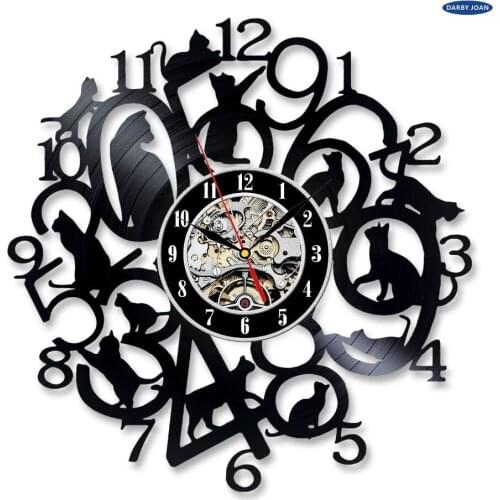 2017 New Collection Vinyl Record Clock Cat Theme Wall Clocks Watch Vintage Retro Classic Home Decor Art Watch mural