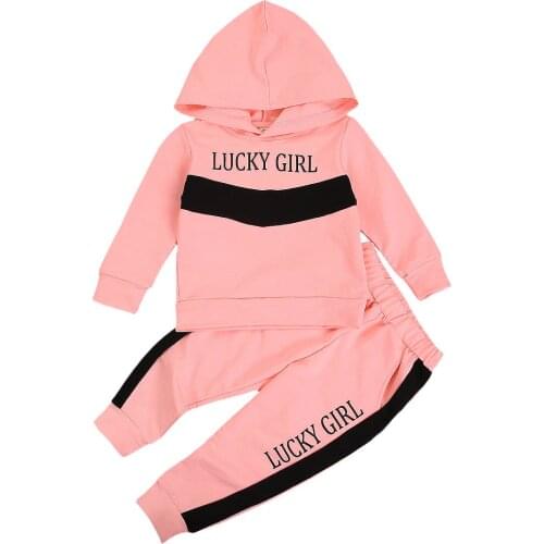 Children Two-piece Clothes Set Girls Pink Letter Printed Pattern Round Collar Hooded Pullover and Long Pants