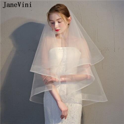 JaneVini Simple Ivory/White Bridal Veils Two Layer Elbow Length Veil Ribbon Edge Bride Veil With Comb Women Wedding Accessories