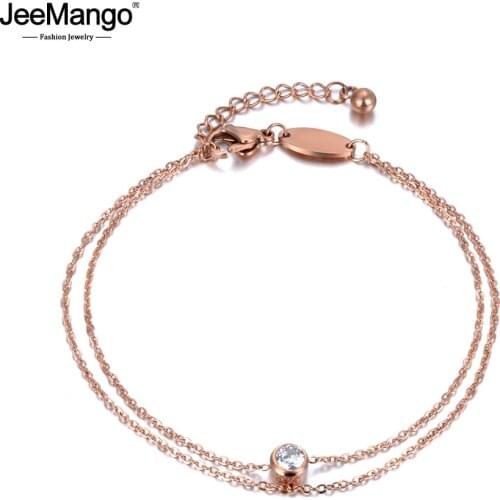 JeeMango Stainless Steel 2 Layers Chain & Link Bracelet Rose Gold Jewelry Single CZ Crystal Simple Design Best Gift JB18178