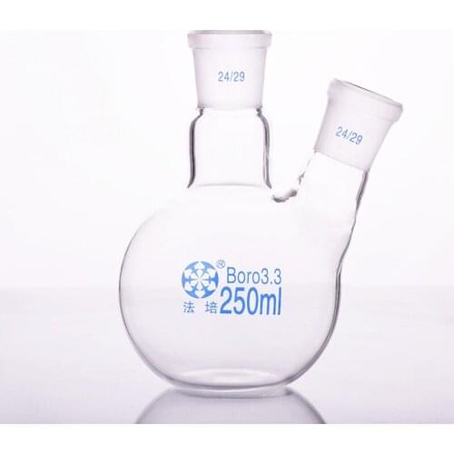 Two-necked flask oblique shape,with two necks standard grinding mouth,Capacity 250ml 24/29,Two-necked flat bottom flask