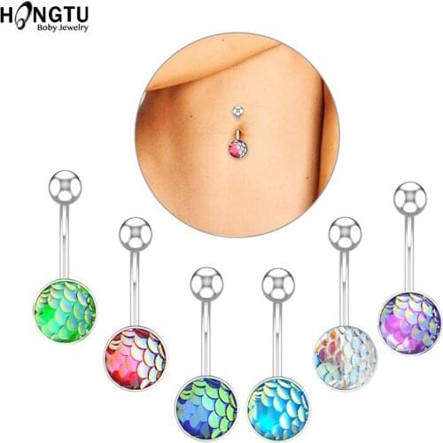 HONGTU 1PC 316L Surgical Steel Mermaid Scales Round Belly Button Rings 14G Navel Ring Stud Navel Barbell Piercing Sexy Piercings