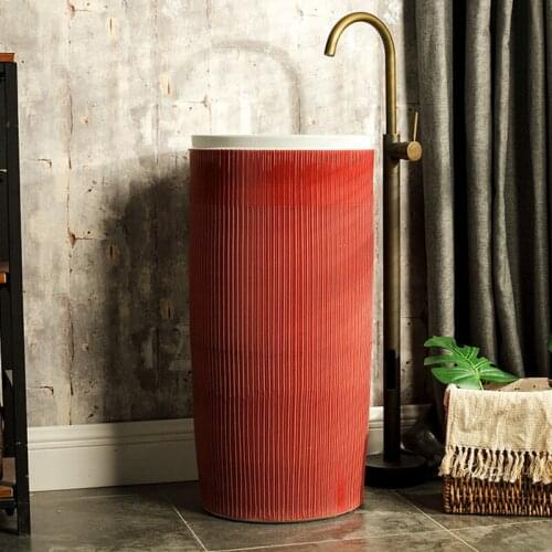 Red Pillar Basin Integrated With Floor Type Outdoor Red Ceramic Pillar Basin Courtyard Washbasin pedestal basin