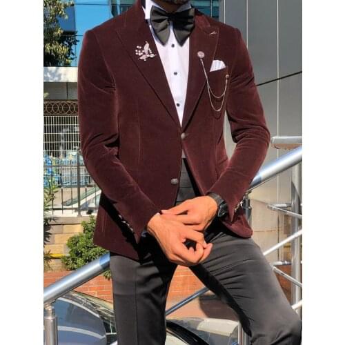 Burgundy Velvet Men Suits 2 Pieces Custom Made Wedding Suits Lapel Royal High Quality Formal Double Breasted Business Coat+Pants